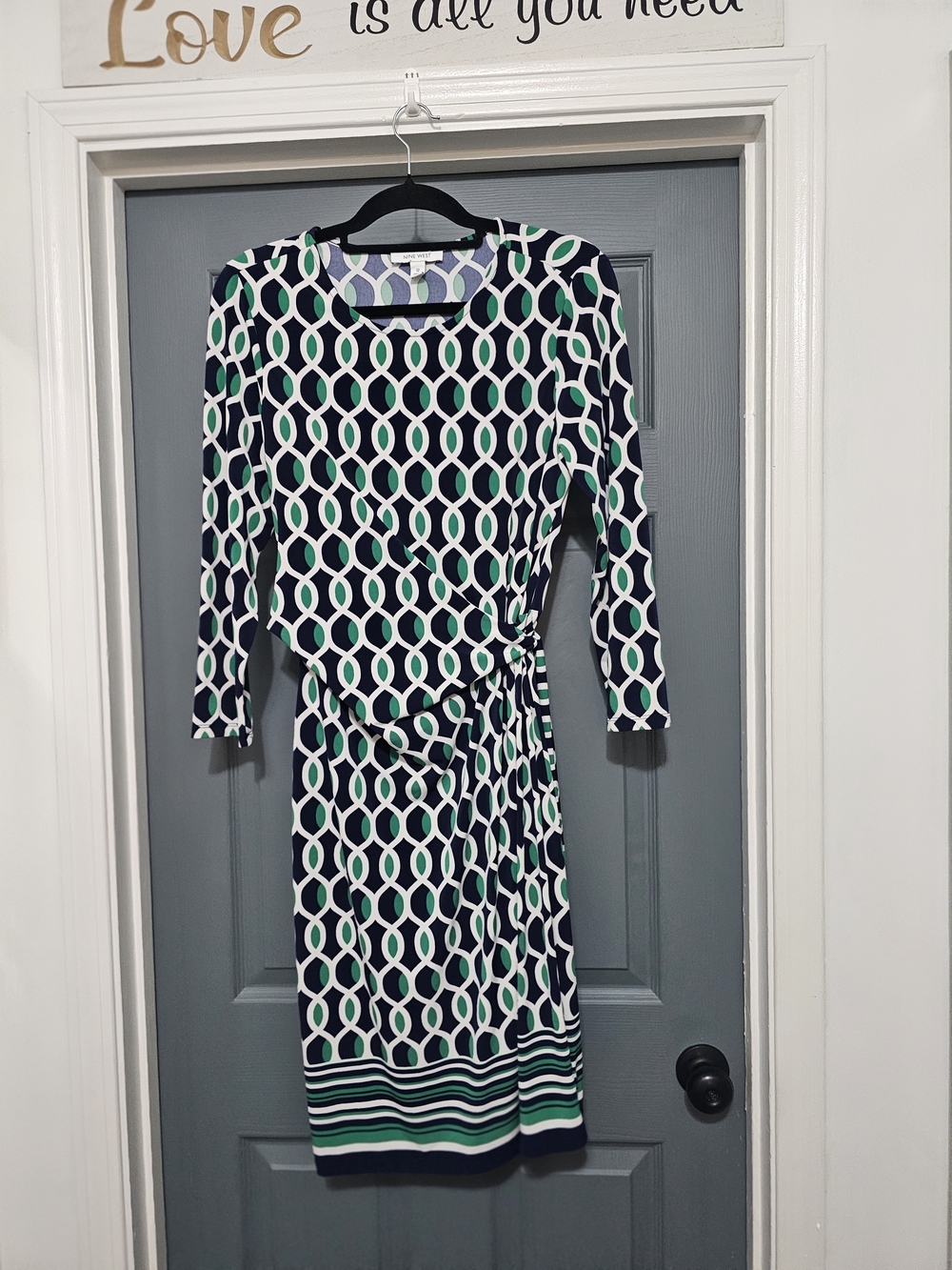 Nine West Navy, White & Green Geometric Midi Dress with Side Tie